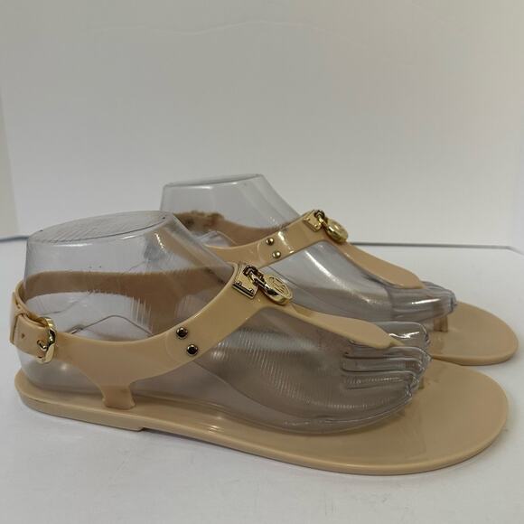 Michael Kors Hamilton Lock Jelly Thong Sandals US 9 Neutral Beige Gold Locks - Picture 2 of 10